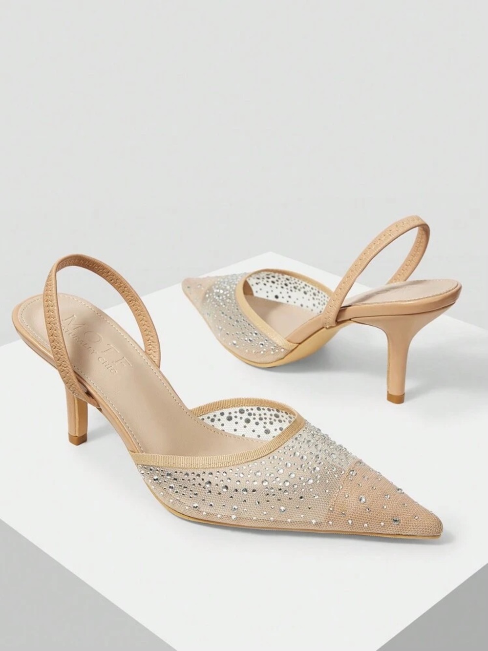 Embellished Nude Slingback Pointed-Toe Heels